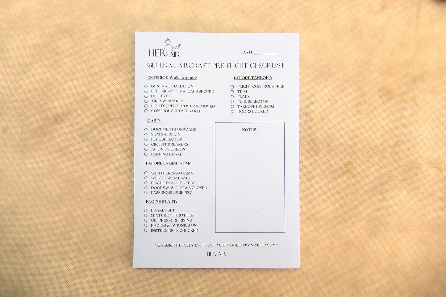 HER AIRCRAFT PRE-FLIGHT CHECKLIST PAD